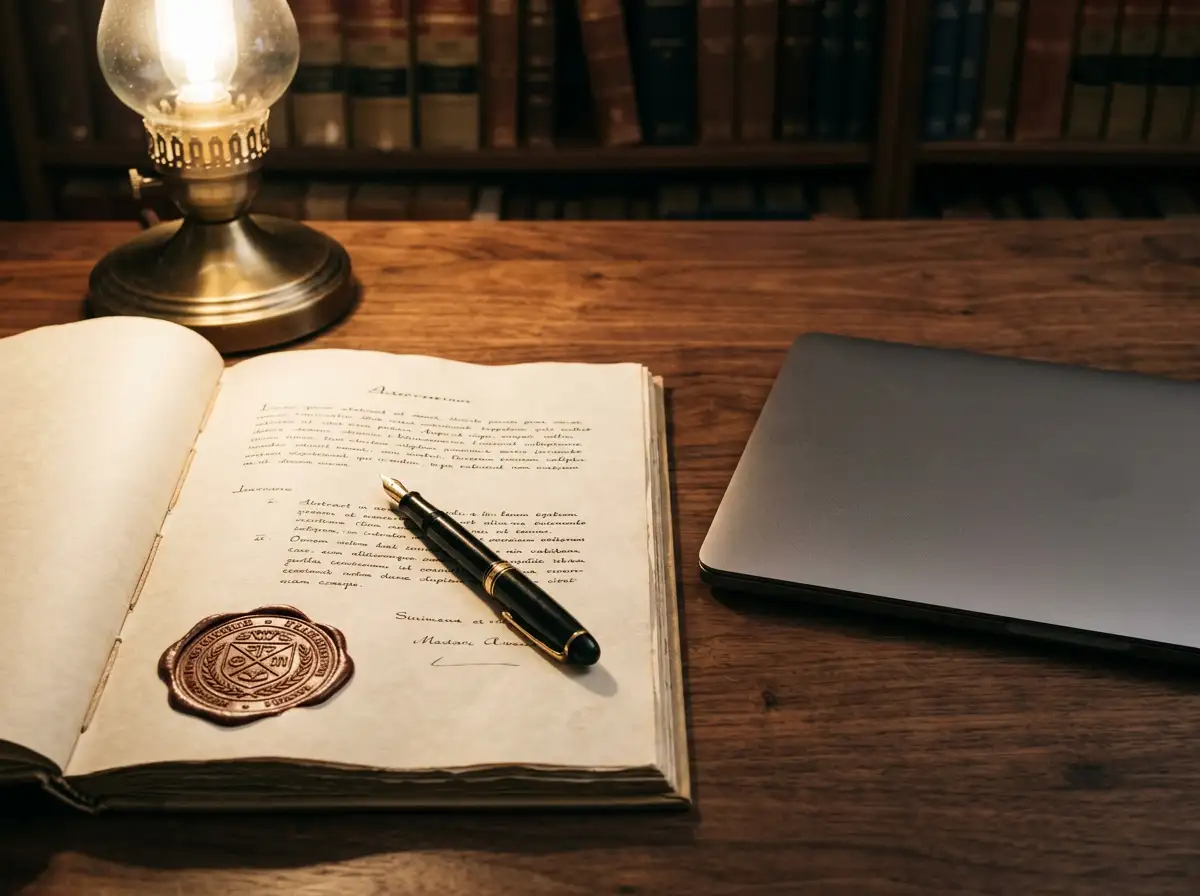 Aufgeschlagenes juristisches Dokument neben einem Notebook mit abstrakter Lizenzgrafik auf dem Bildschirm