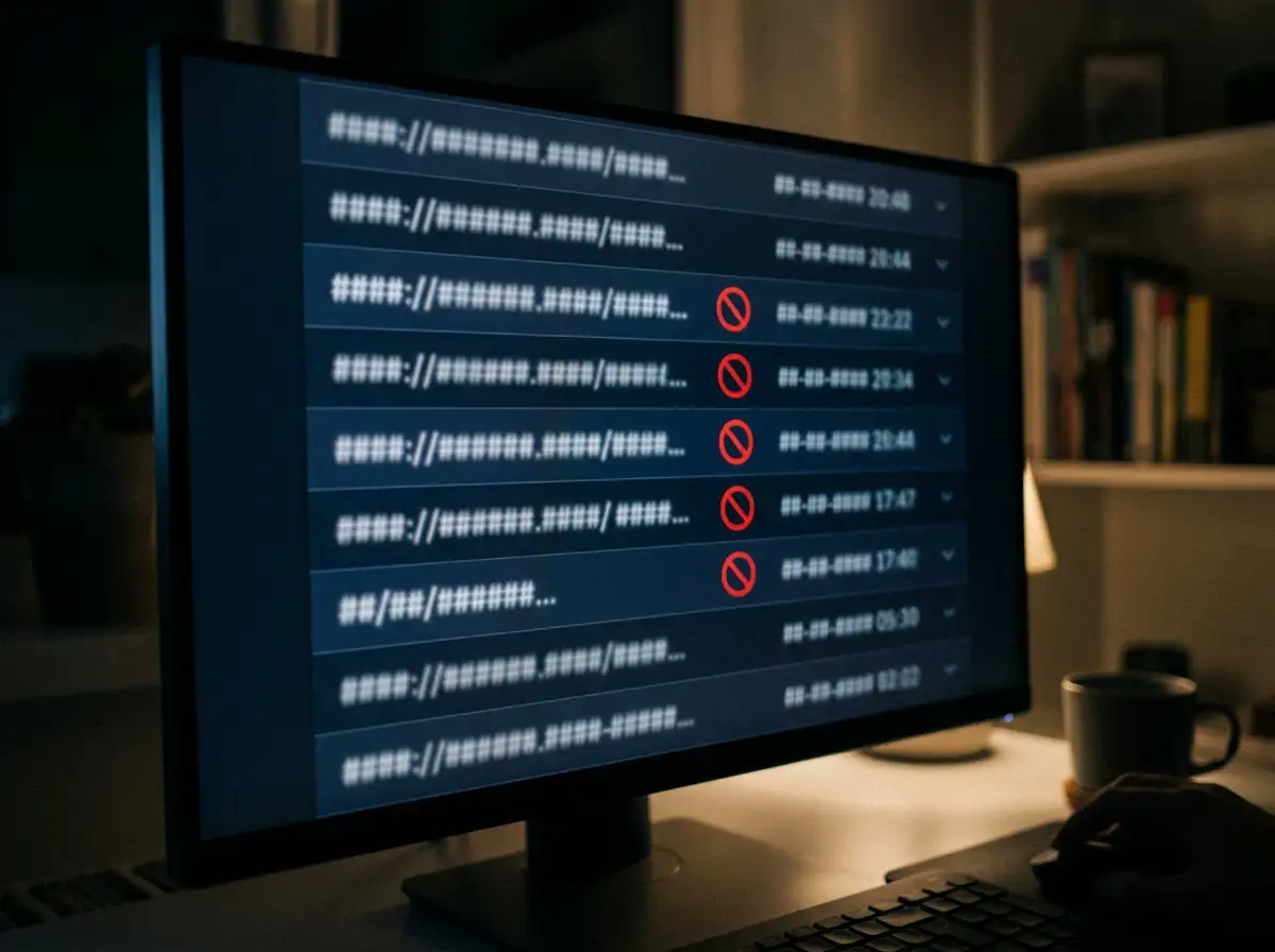 Stilisierte Liste von gesperrten Internetdomains auf einem Computerbildschirm mit roten Warnmarkierungen