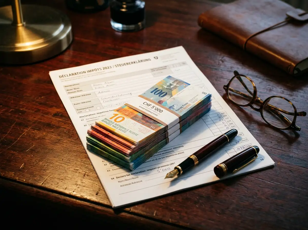 Symbolische Darstellung von Schweizer Franken-Banknoten neben einem Steuerformular und einem Stift
