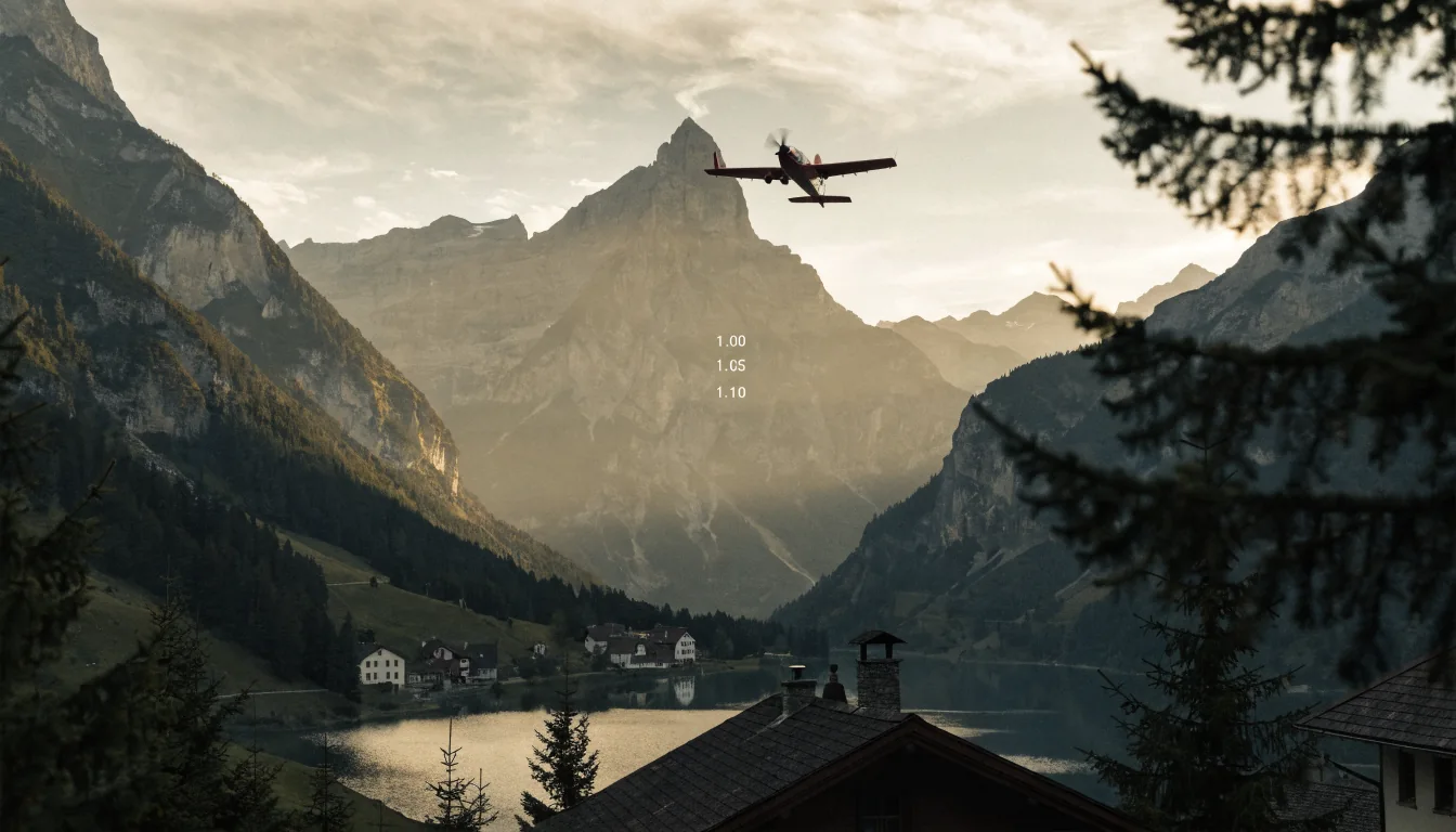 Ein kleines rotes Propellerflugzeug steigt über einer Schweizer Alpenlandschaft mit Dorf und See auf.