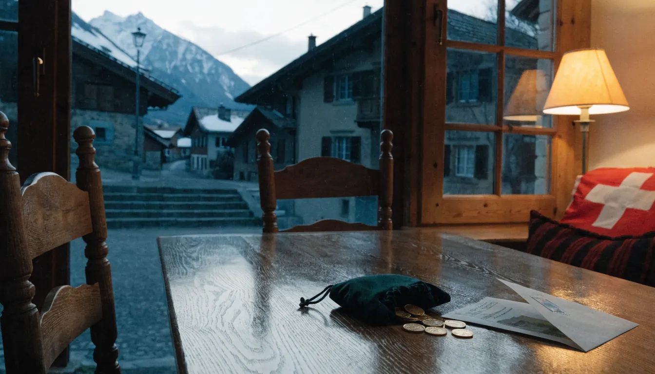 Schweizer Chalet-Interieur mit Goldmünzen und Geldschein auf Holztisch