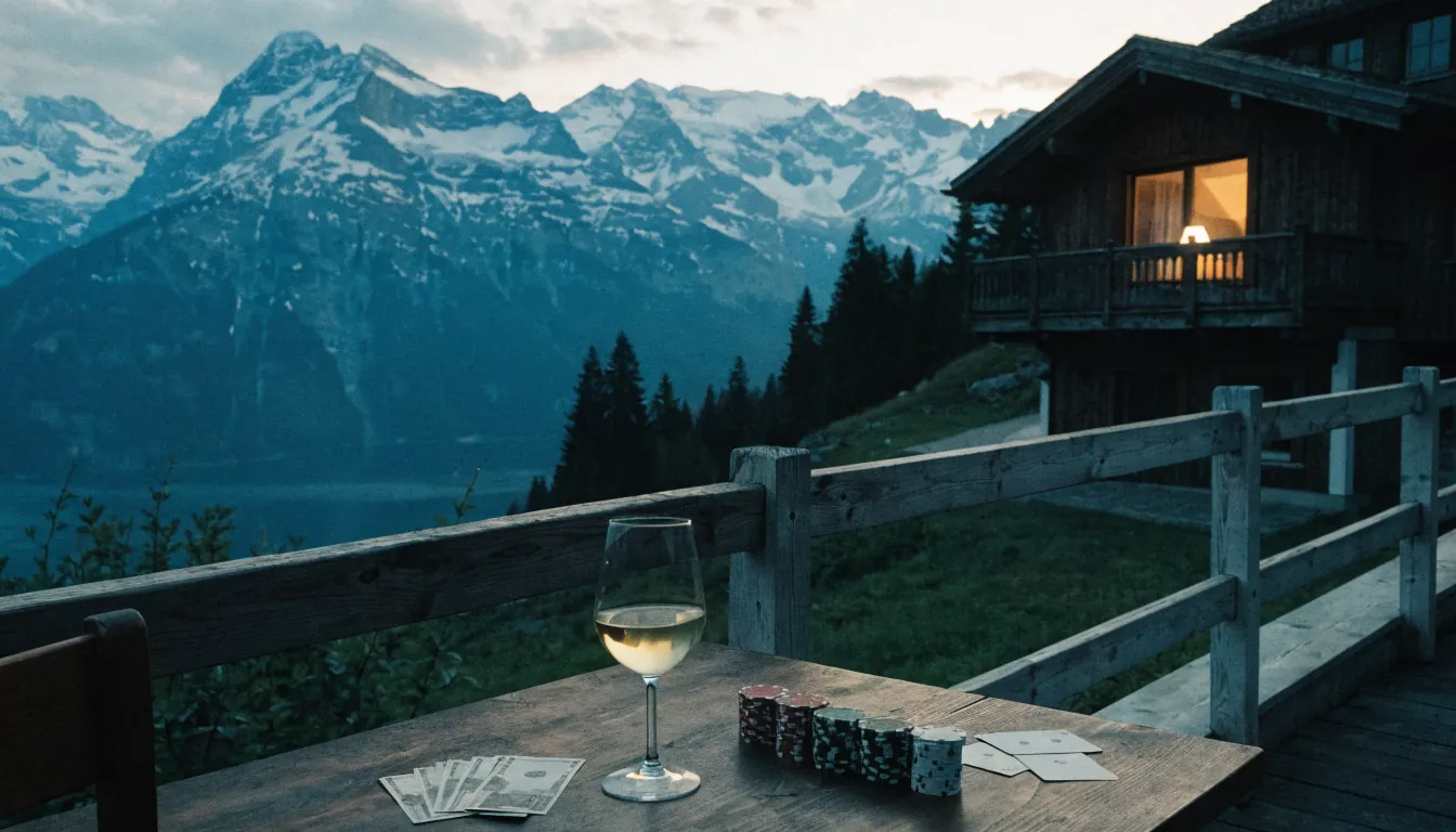Holztisch auf Schweizer Chalet-Terrasse mit Casino-Chips, Spielkarten und Schweizer Franken bei Dämmerung