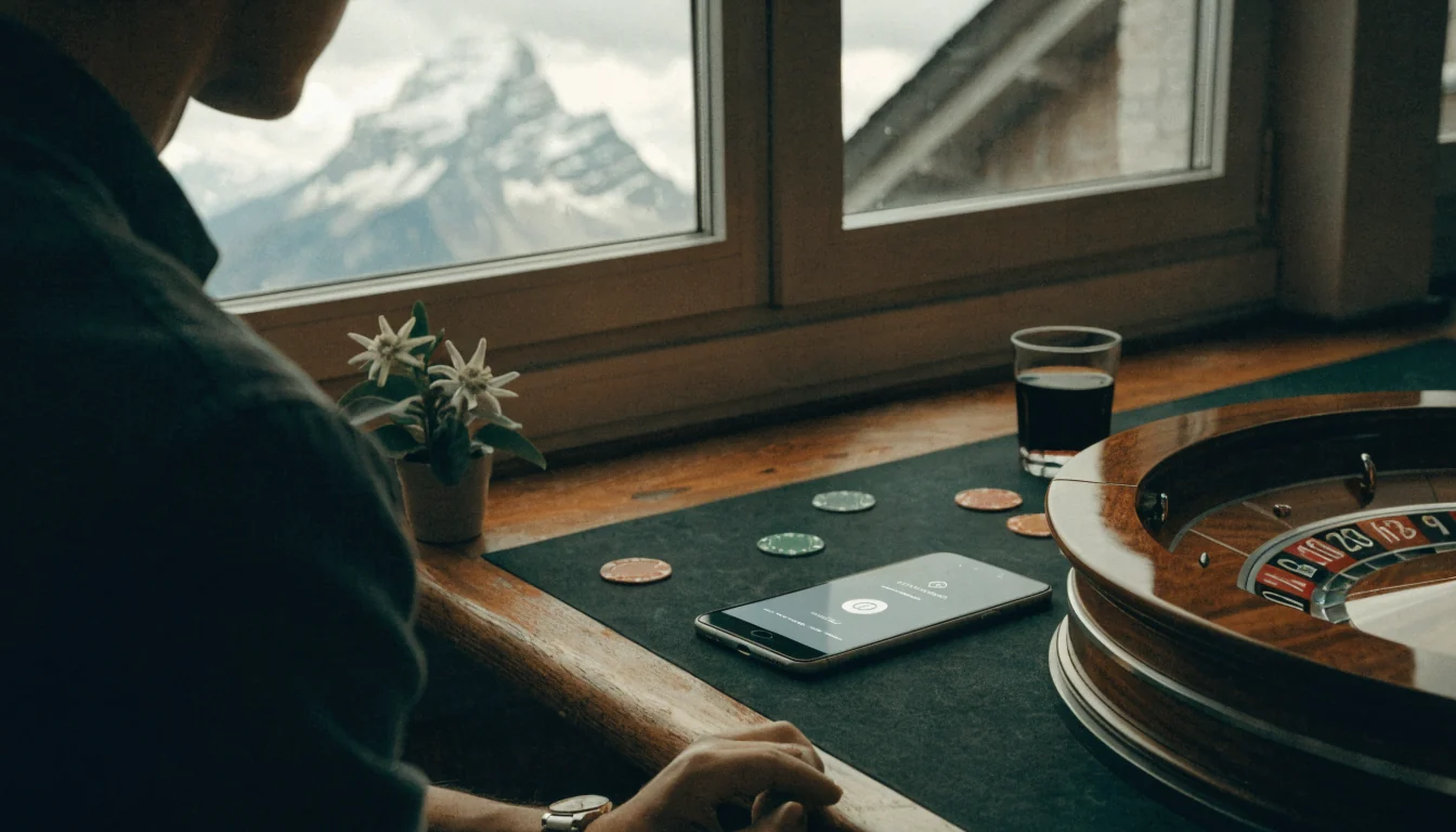 Smartphone mit MiFinity Wallet auf Casinotisch mit Chips und Roulette, Schweizer Alpen im Hintergrund.