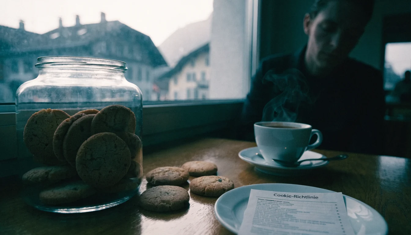 Schweizer Café-Tisch mit Keksglas, Kaffee und Cookie-Richtlinie