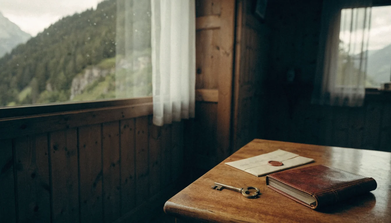 Ein verschlossenes Notizbuch mit Schlüssel auf einem Holztisch in einem Schweizer Chalet-Interieur.