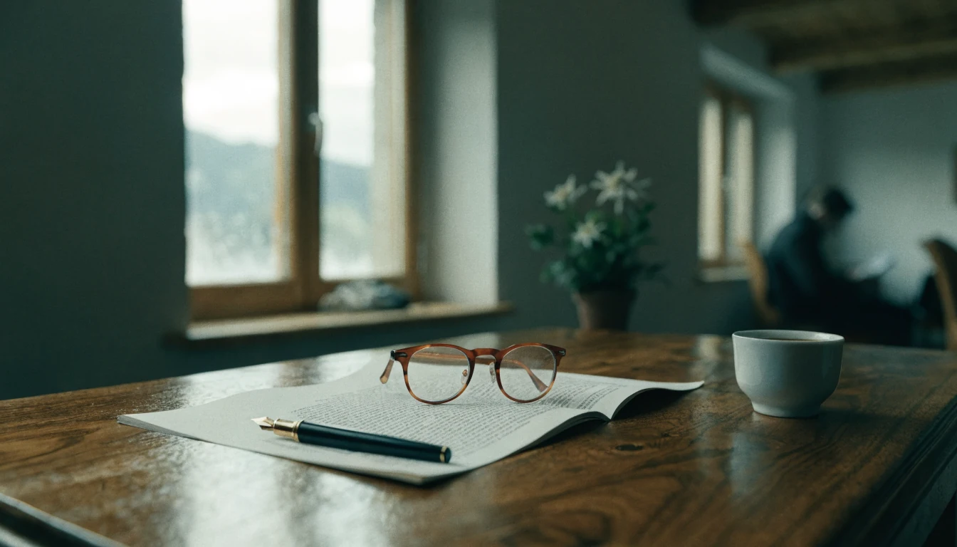 Lesebrille auf einem offenen Dokument mit dichtem Text auf einem Holztisch, Schweizer Chalet-Interieur im Hintergrund