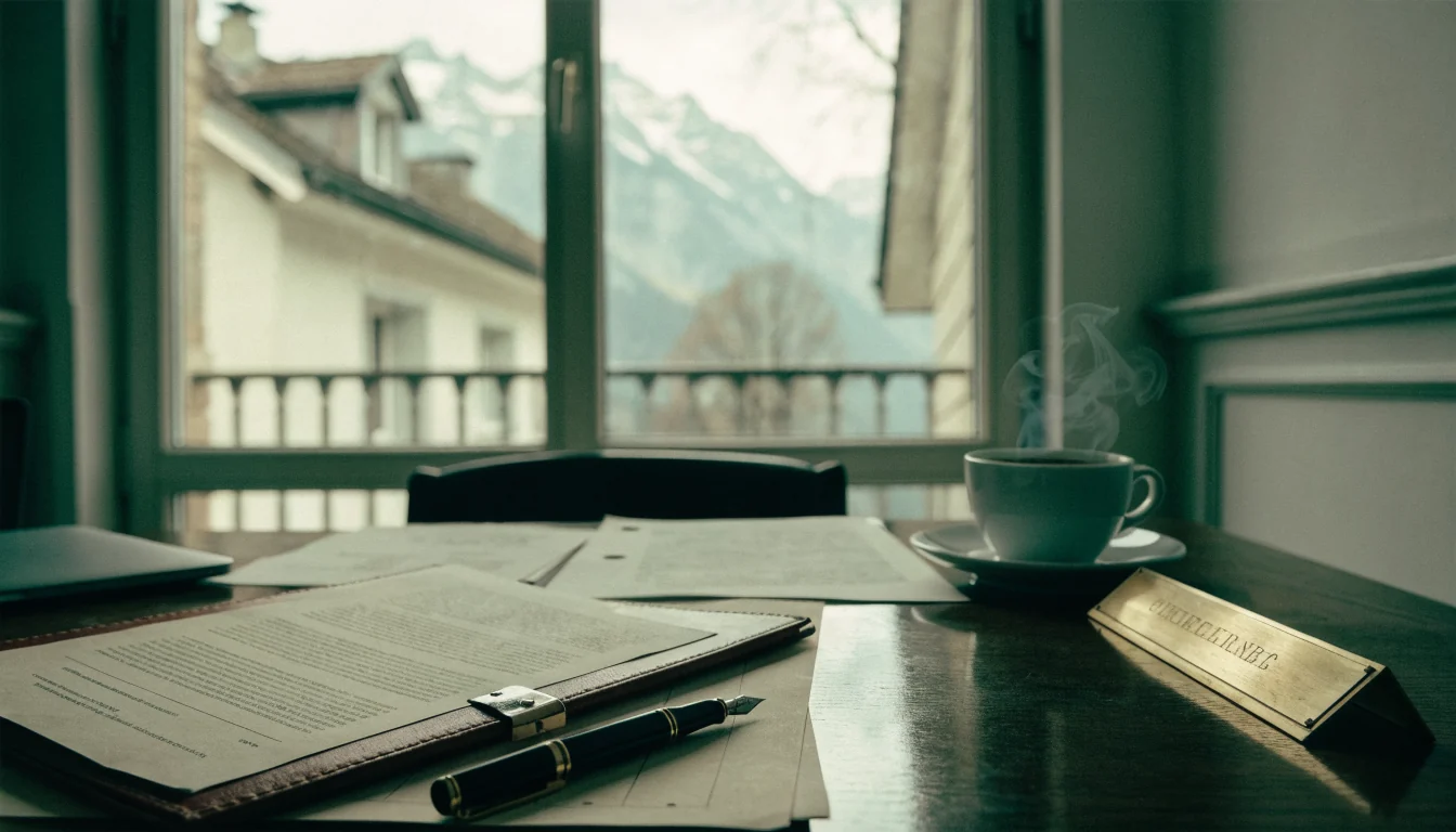 Schreibtisch mit juristischen Unterlagen und Blick auf Schweizer Alpen