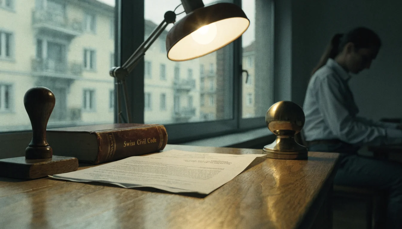 Schreibtisch mit Stempel, Gesetzbuch und amtlichem Dokument
