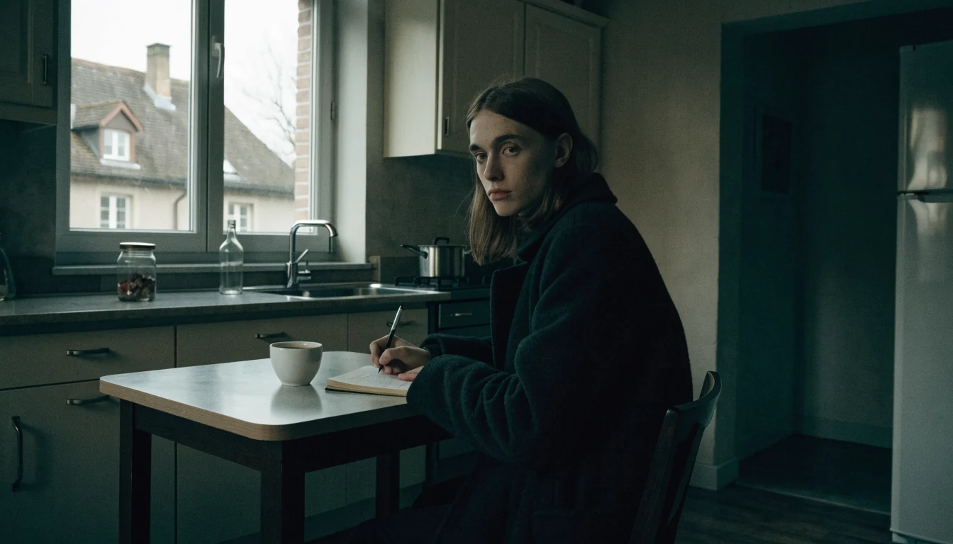 Person mit Notizbuch und Kaffee am Küchentisch