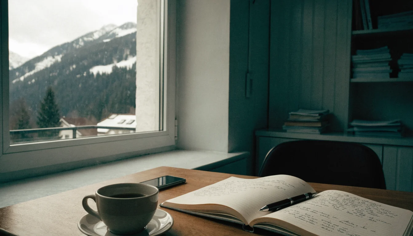 Schweizer Redaktionsschreibtisch mit Aussicht auf schneebedeckte Alpen, Notizbuch und Stift