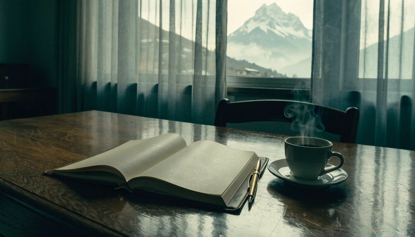 Offenes Notizbuch mit Füllfederhalter auf Holztisch am Fenster mit Alpenblick