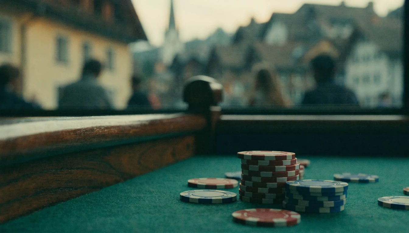 Casino-Chips auf einem Filztisch mit Schweizer Bergdorf im Hintergrund