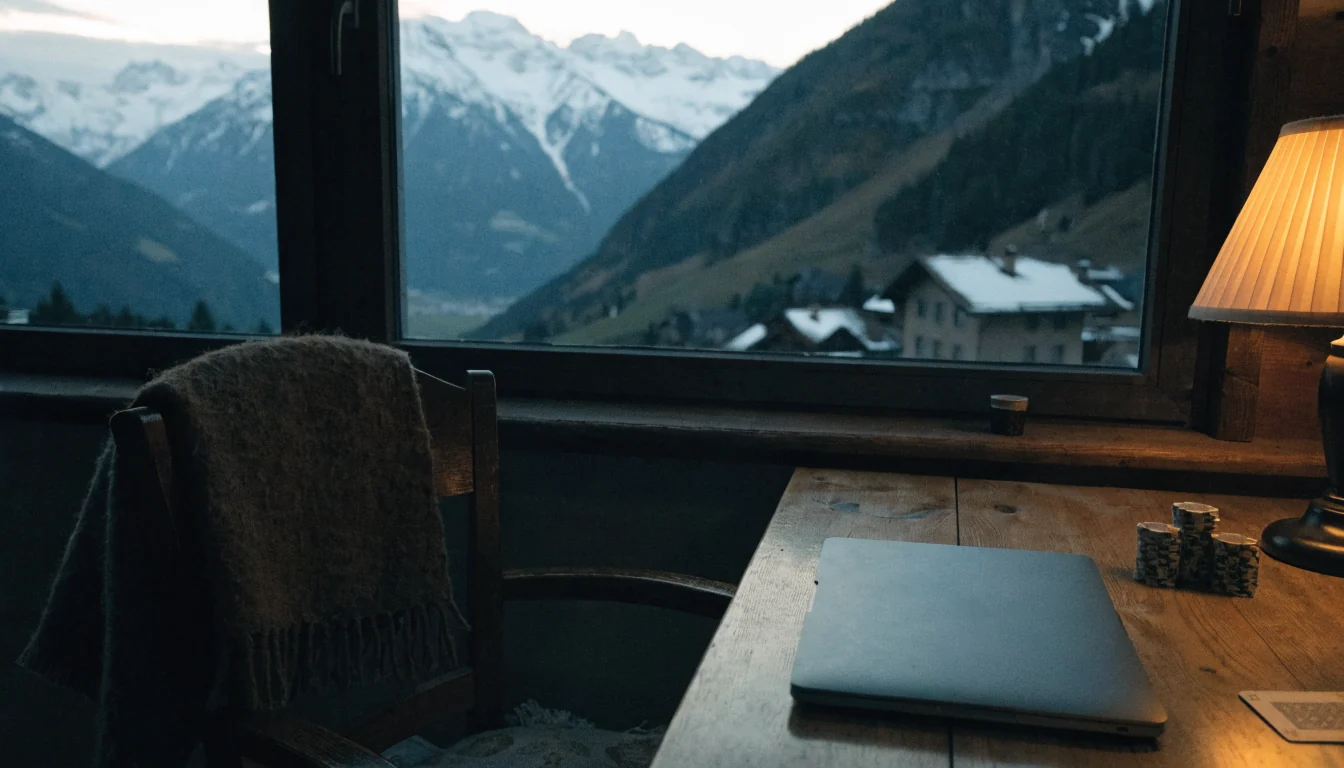 Gemütliches Schweizer Chalet mit Laptop, Pokerchips und Spielkarten auf dem Holztisch, Alpenpanorama durch das Fenster.