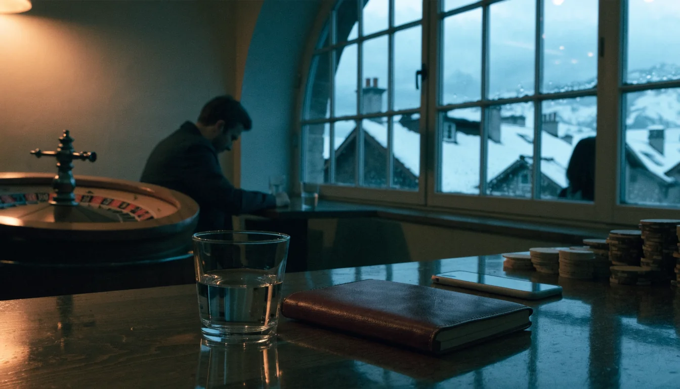 Schweizer Lounge mit Roulette, Chips und Alpenblick durch das Fenster bei Abendlicht.