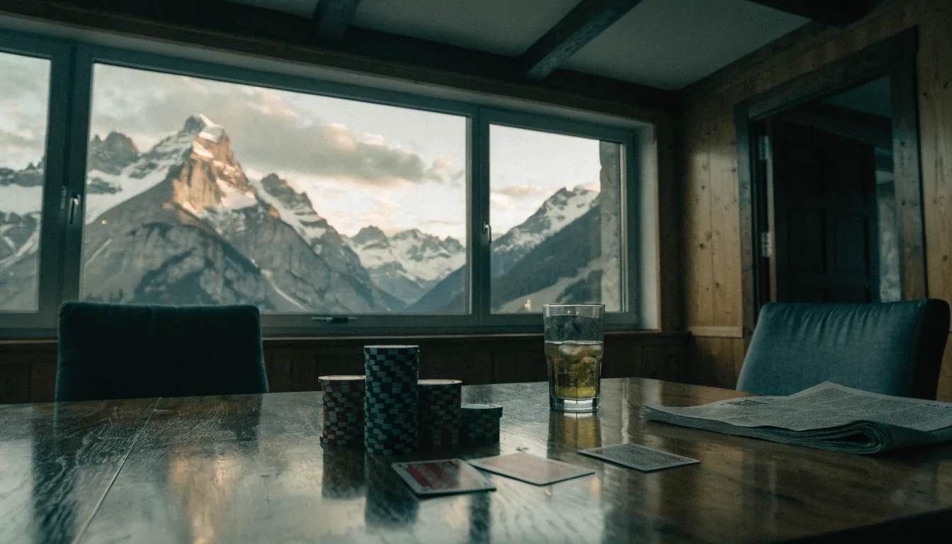Holztisch mit Casino-Chips und Spielkarten vor Schweizer Alpenkulisse