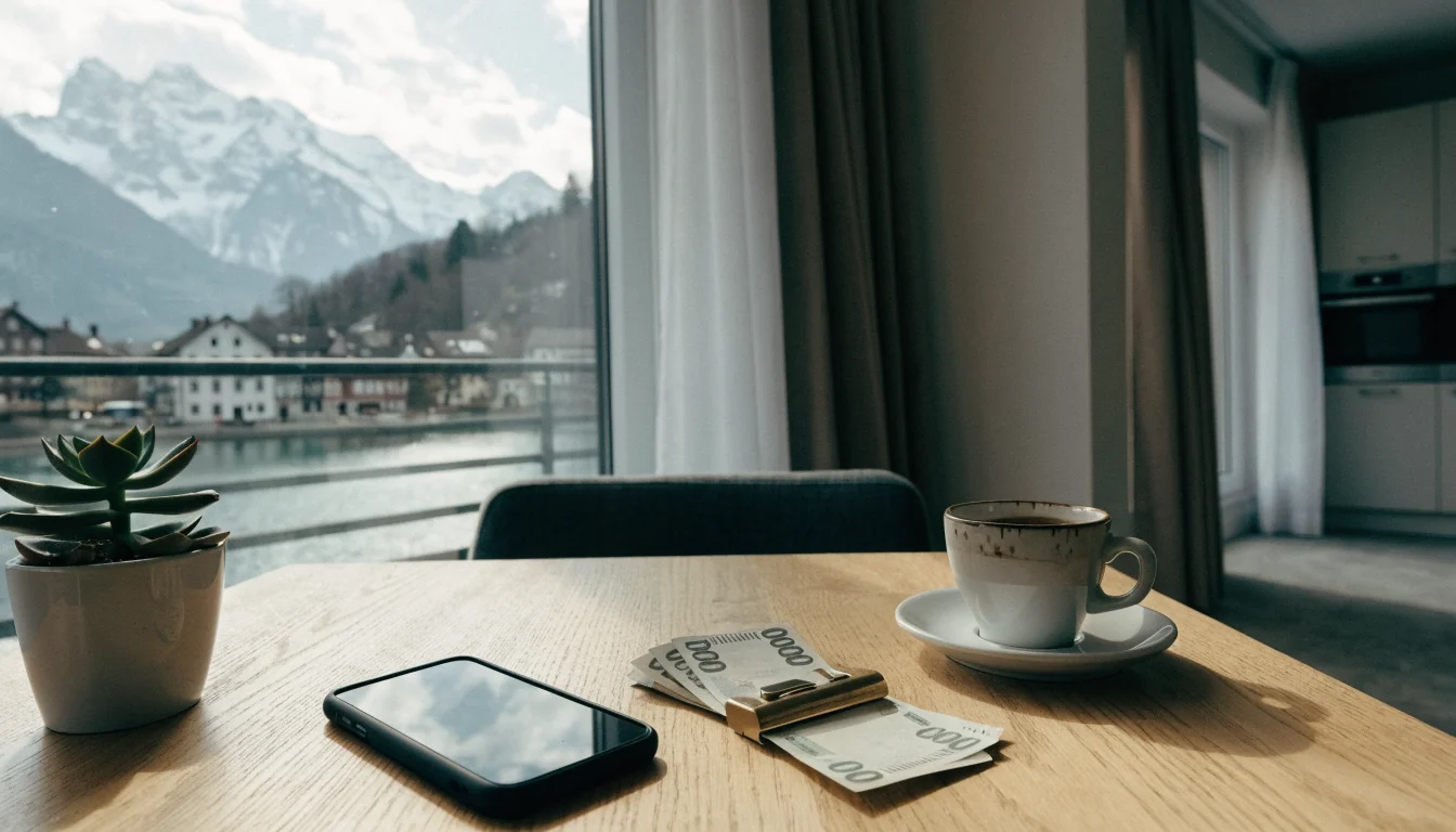 Helles Schweizer Wohnzimmer mit Alpenblick, Smartphone und Schweizer-Franken-Banknoten auf einem Holztisch.