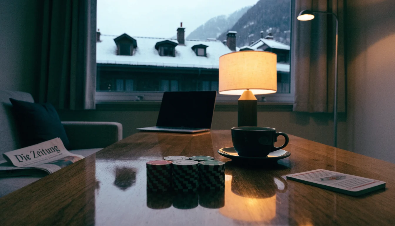 Schweizer Wohnzimmer am Abend mit Poker-Chips, Karten und Alpenblick