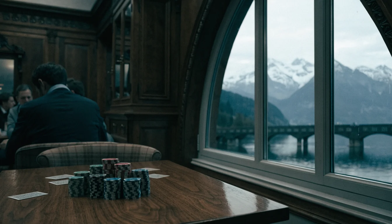 Spieltisch mit Casino-Chips vor Fensterblick auf Luzern und Alpen bei Dämmerung