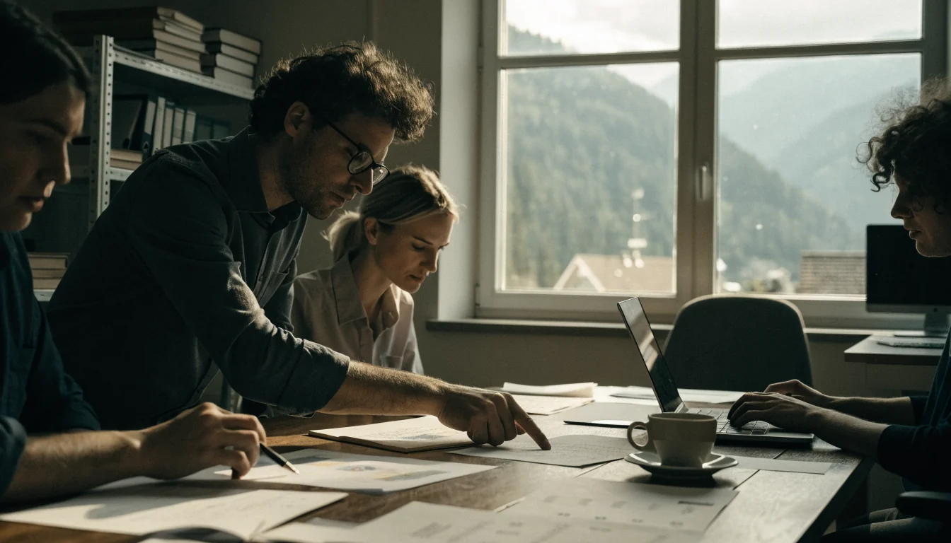 Redaktionsteam bei der Analyse von Berichten über den Schweizer Glücksspielmarkt in einem hellen Büro in Zürich.