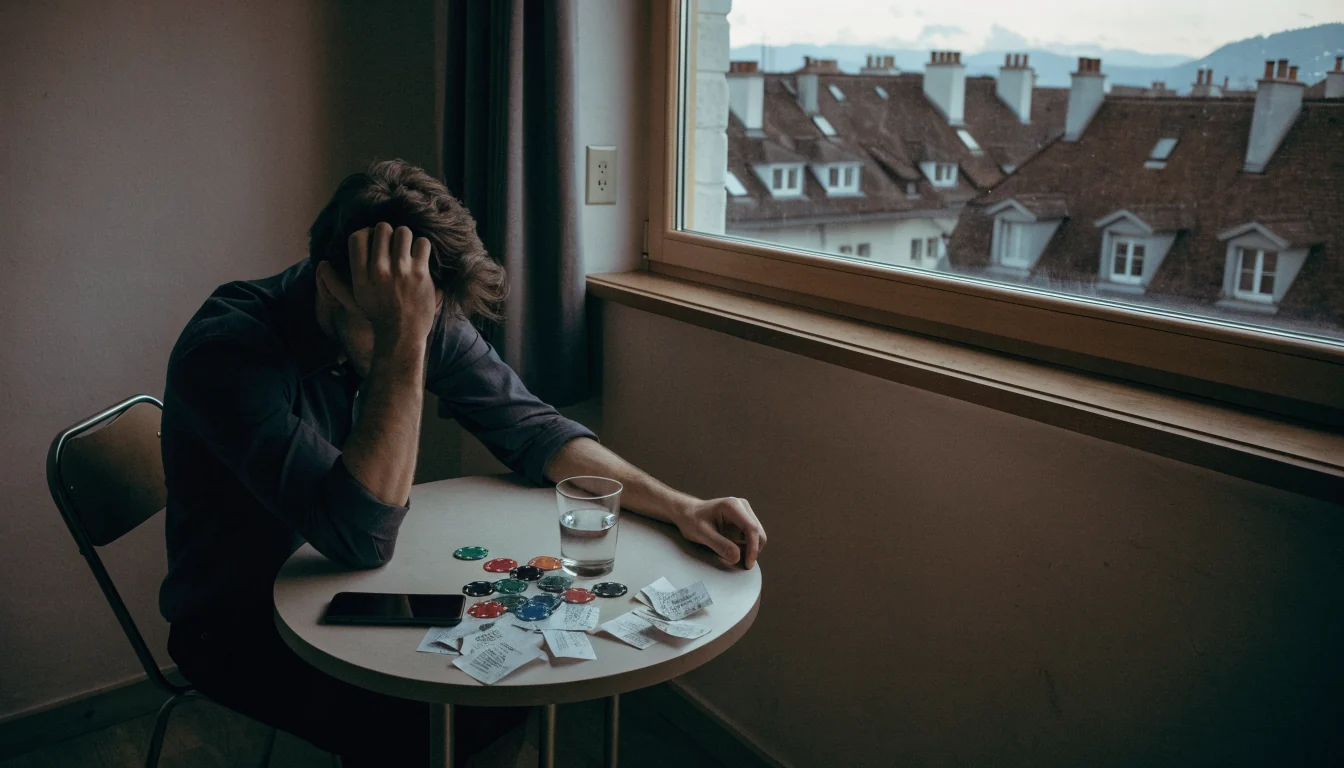 Nachdenklicher junger Mann allein am Tisch mit Spielchips und abgelegtem Smartphone in einer Zürcher Wohnung bei Dämmerung.
