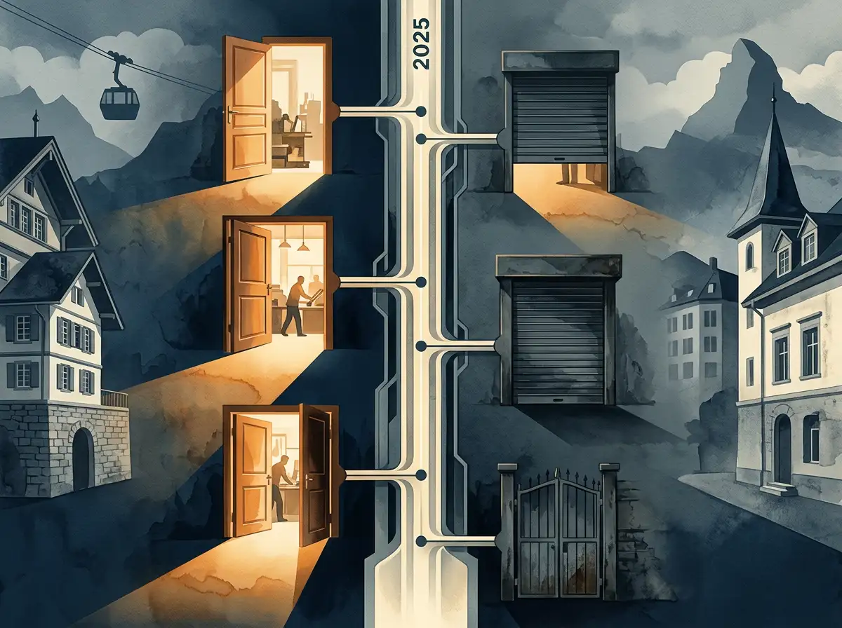Editoriale Zeitleisten-Illustration mit Markierungen für mehrere Marktveränderungen im Schweizer Casinosektor 2025