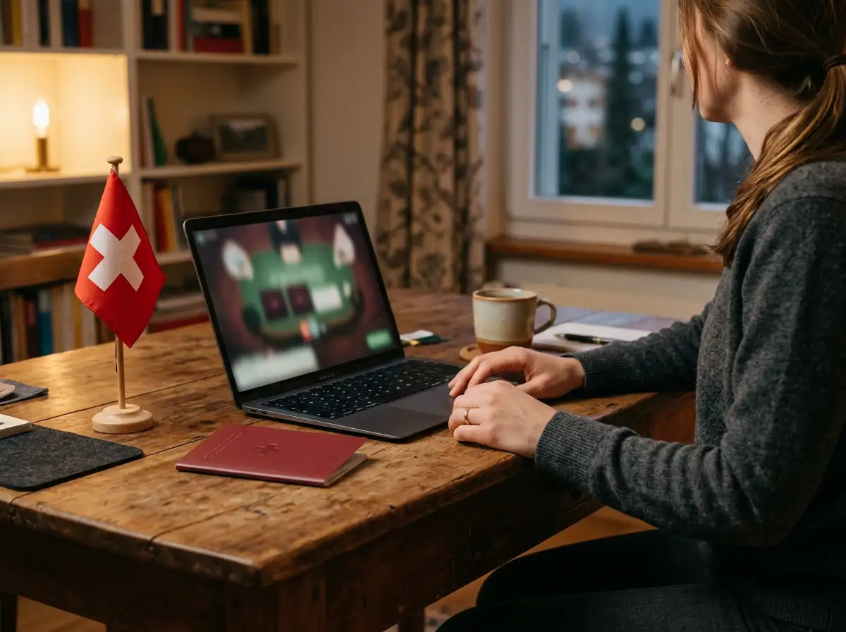 Person am Laptop mit Symbolen für Schweizer Recht und ausländisches Online-Casino
