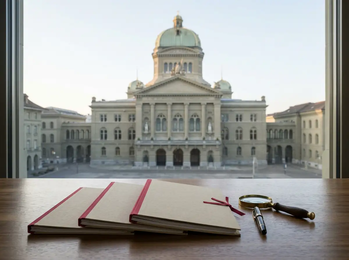 Symbolische Darstellung des Schweizer Bundeshauses mit Aktenordnern zum Geldspielgesetz