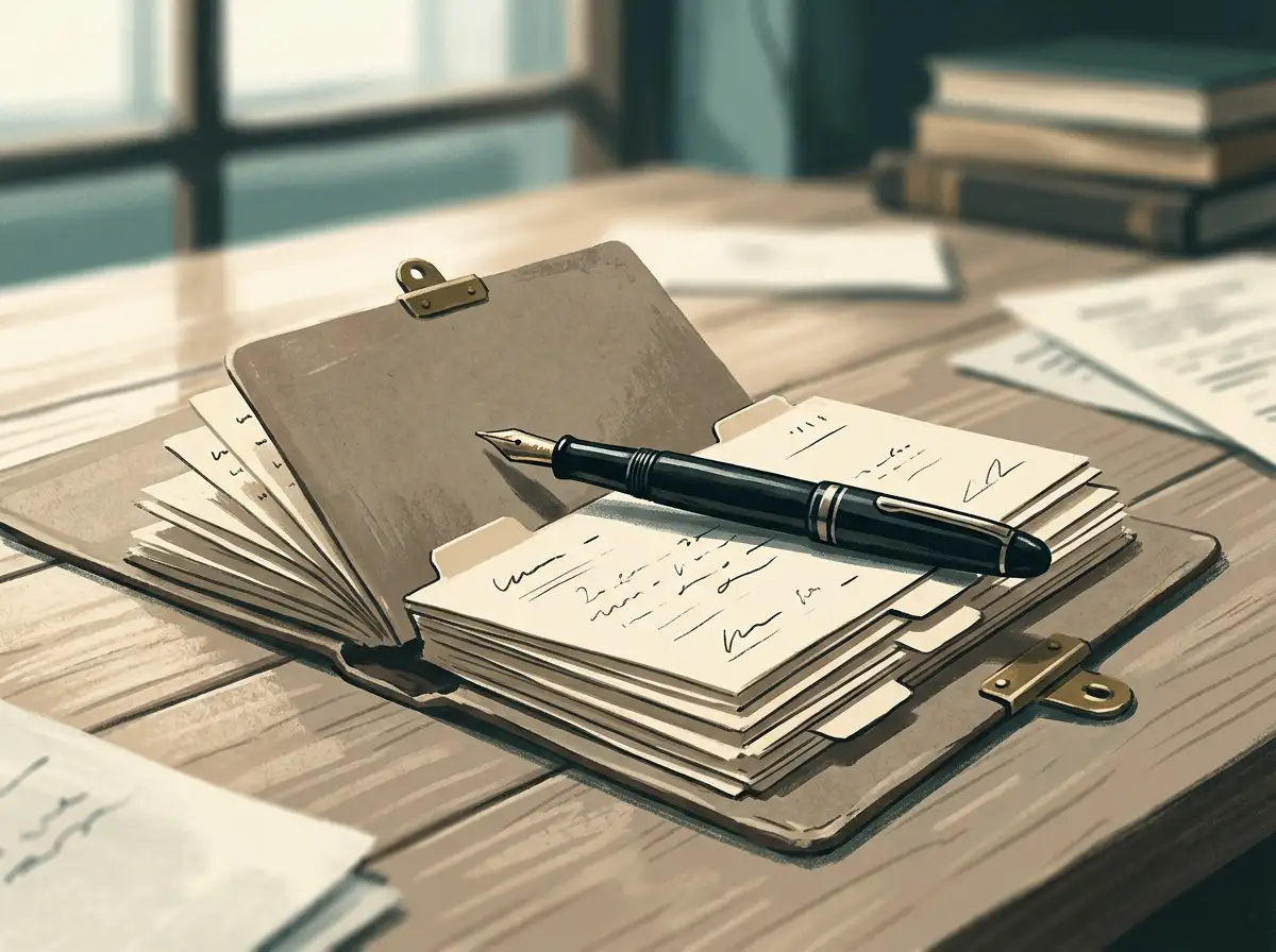 Symbolische Darstellung einer Eintragung in ein zentrales Sperrregister mit Stift und Karteikarte