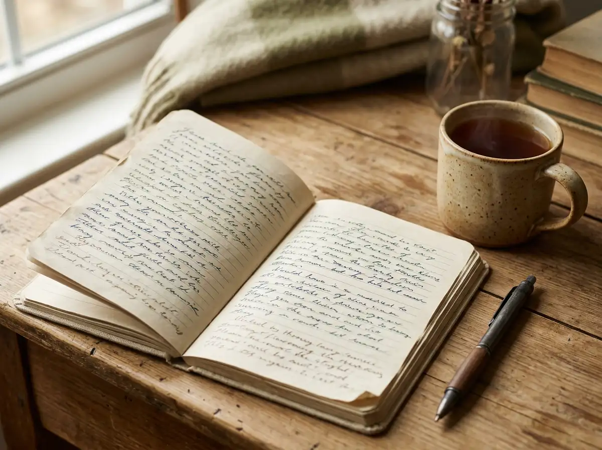Aufgeschlagenes Notizbuch mit Telefonkontakten zu Schweizer Beratungsstellen neben einer Tasse Tee