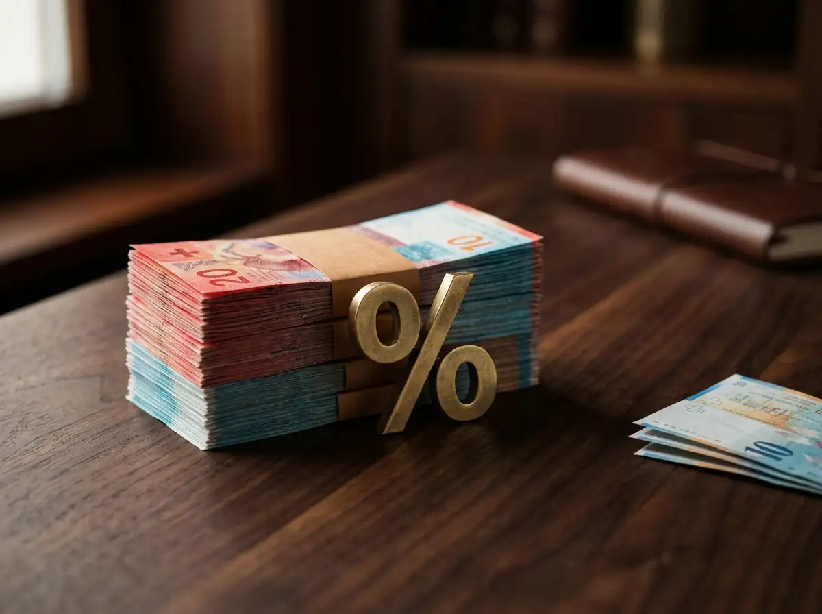 Symbolische Darstellung der Verrechnungssteuer mit einem Banknotenstapel und einem prozentigen Aufschlag